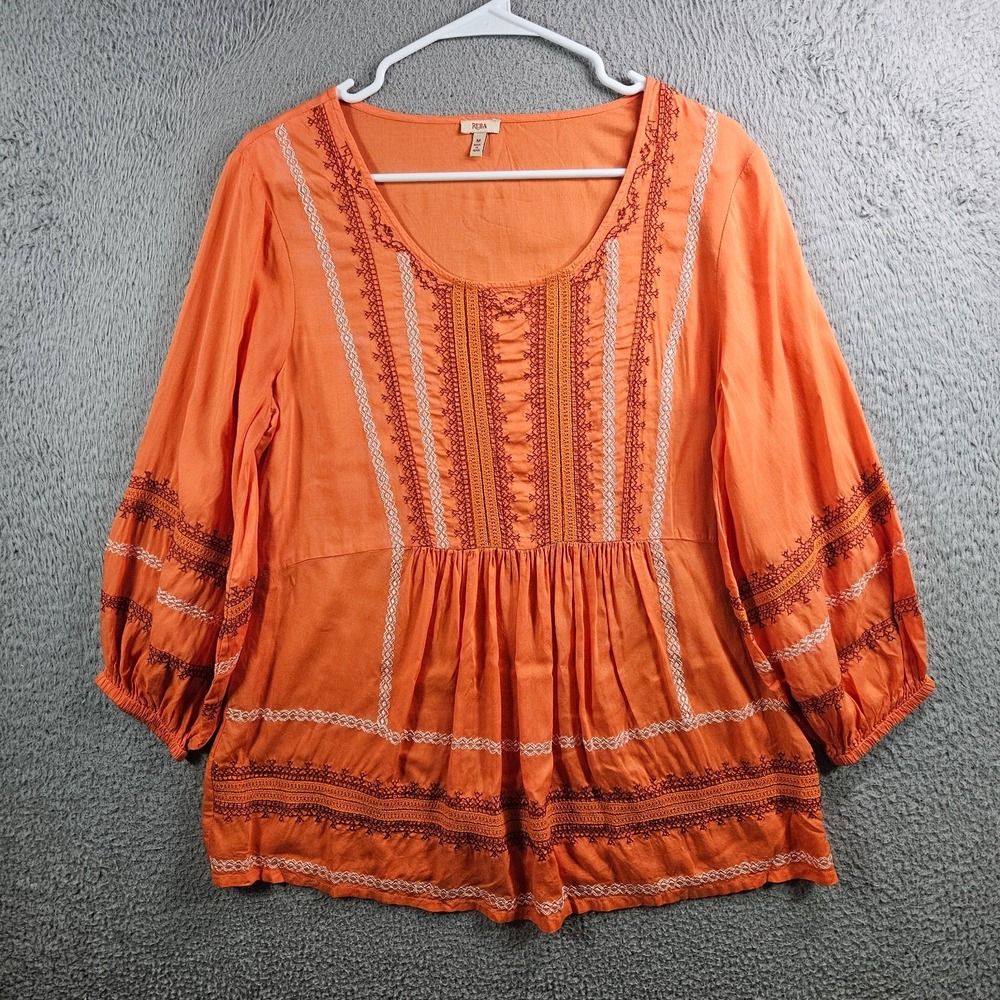 Reba Top Blouse Women Medium Embroidered‎ Scoop Neck Orange
